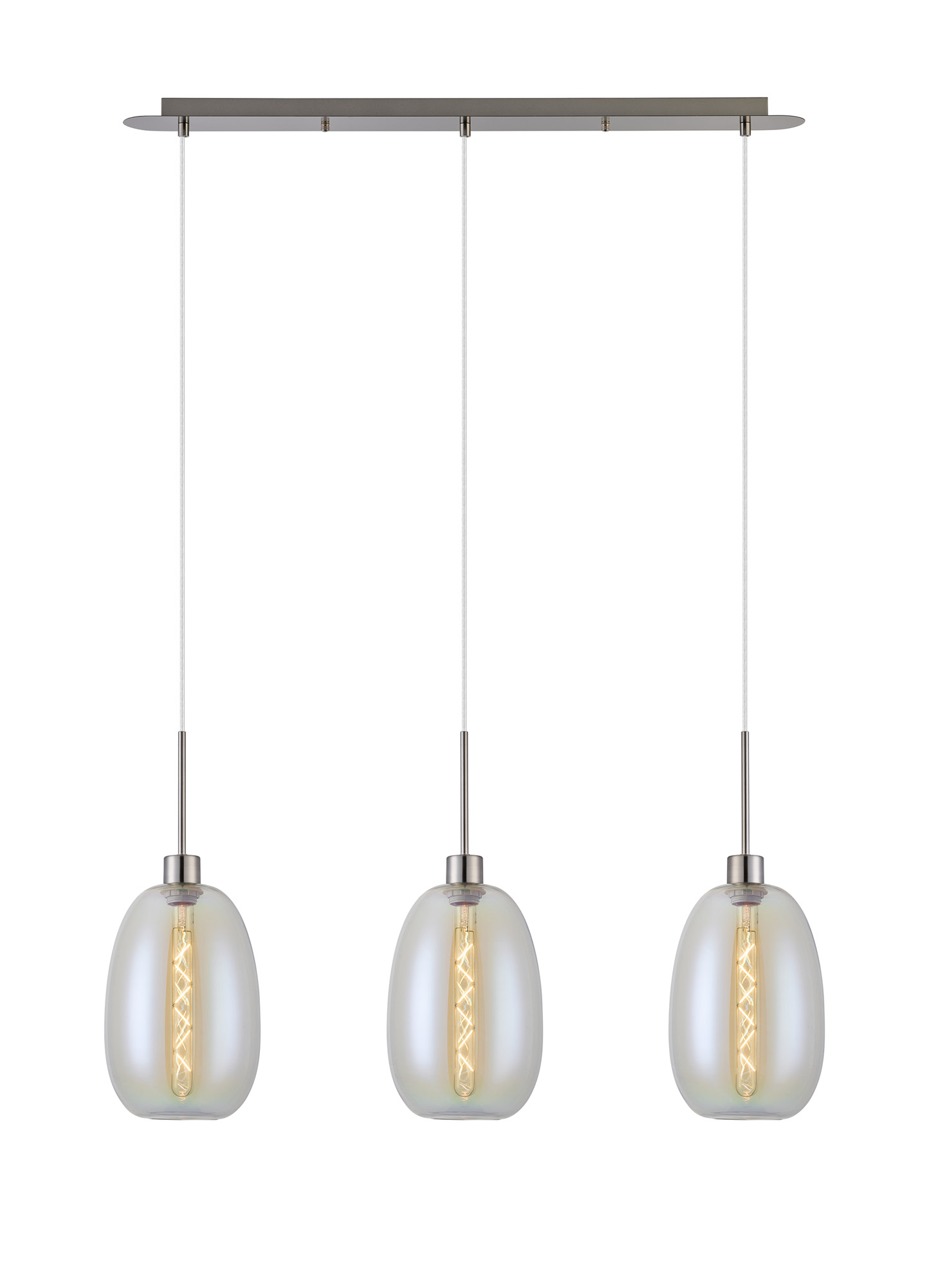 DK1390  Lori Linear Pendant, 3 Light Adjustable E27, Satin Nickel/Iridescent Slim Curved Trapezium Shades